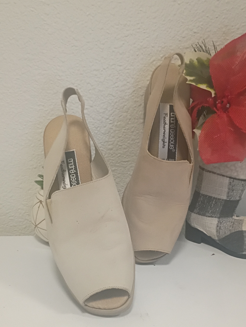 Andre Assous Beige and Cream Peep-Toe Slingback Heels